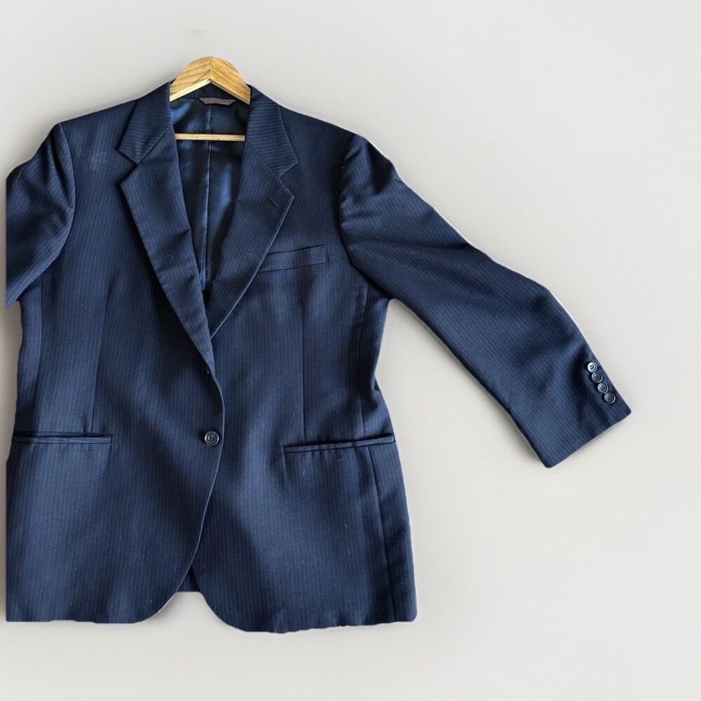 Vintage Kuppenheimer Navy Pinstripe Wool Blazer Sport Coat Mens 42R Preppy Jackt